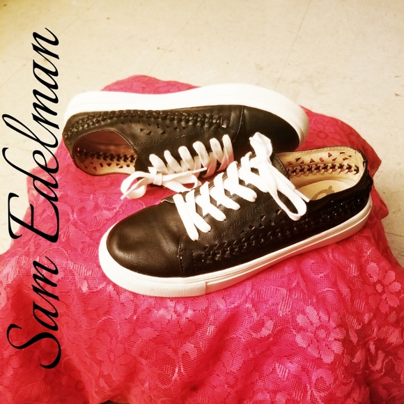 SAM EDELMAN WOMEN'S BLACK LEATHER RAZOR CUT SNEAKERS - Picture 2 of 6